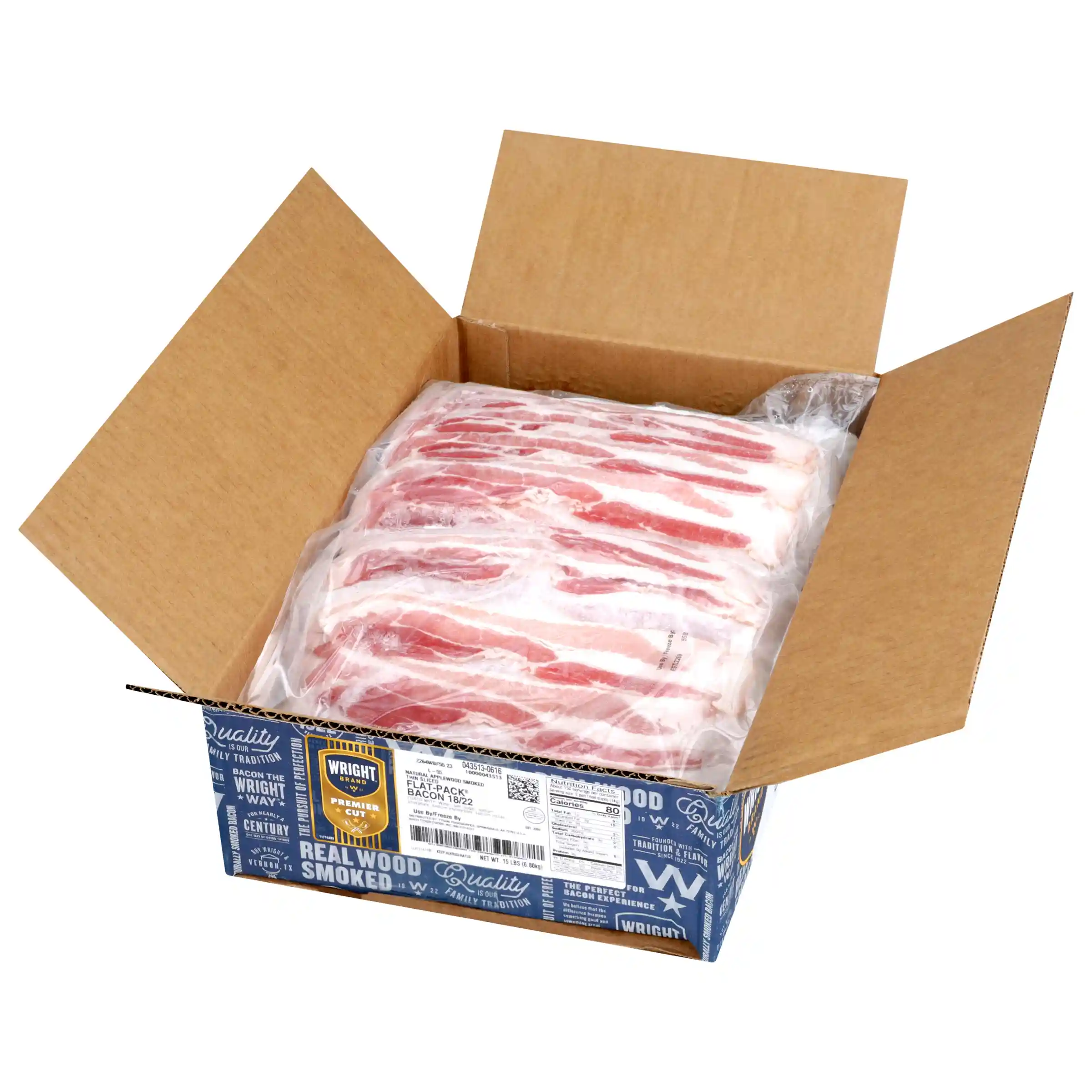 Wright® Brand Naturally Applewood Smoked Thin Sliced Bacon, Flat-Pack®, 15Lbs, 18-22 Slices per pound, Gas Flushed_image_31