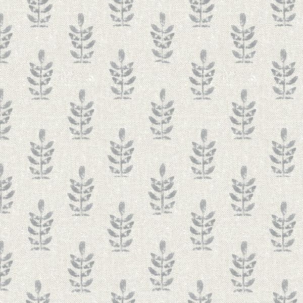 Wallpaper with off-white textured background patterned by evenly spaced stylized grey leaf motifs in vertical rows; pattern repeats uniformly, creating a soft, neutral decorative surface.