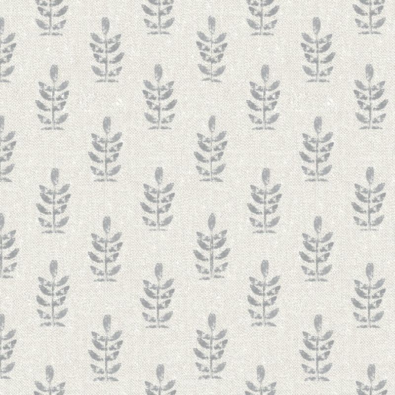 Wallpaper with off-white textured background patterned by evenly spaced stylized grey leaf motifs in vertical rows; pattern repeats uniformly, creating a soft, neutral decorative surface.