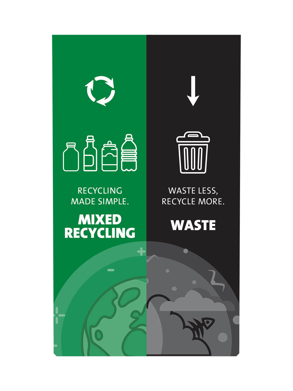 Green and black colored graphics for mixed recycling and waste signage for the Busch Systems Expression container
