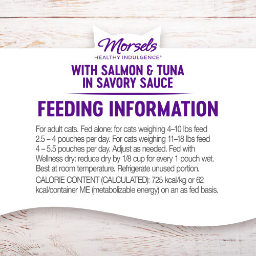 <p>For adult cats. Fed alone: for cats weighing 4–10 lbs feed 2.5 – 4 pouches per day. For cats weighing 11–18 lbs feed 4 – 5.5 pouches per day. Adjust as needed. Fed with Wellness dry: reduce dry by 1/8 cup for every 1 pouch wet. Best at room temperature. Refrigerate unused portion.</p>
