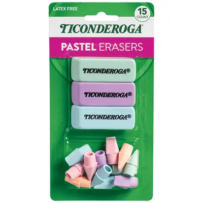 Ticonderoga Assorted Erasers, Pastel Colors, 15 Count