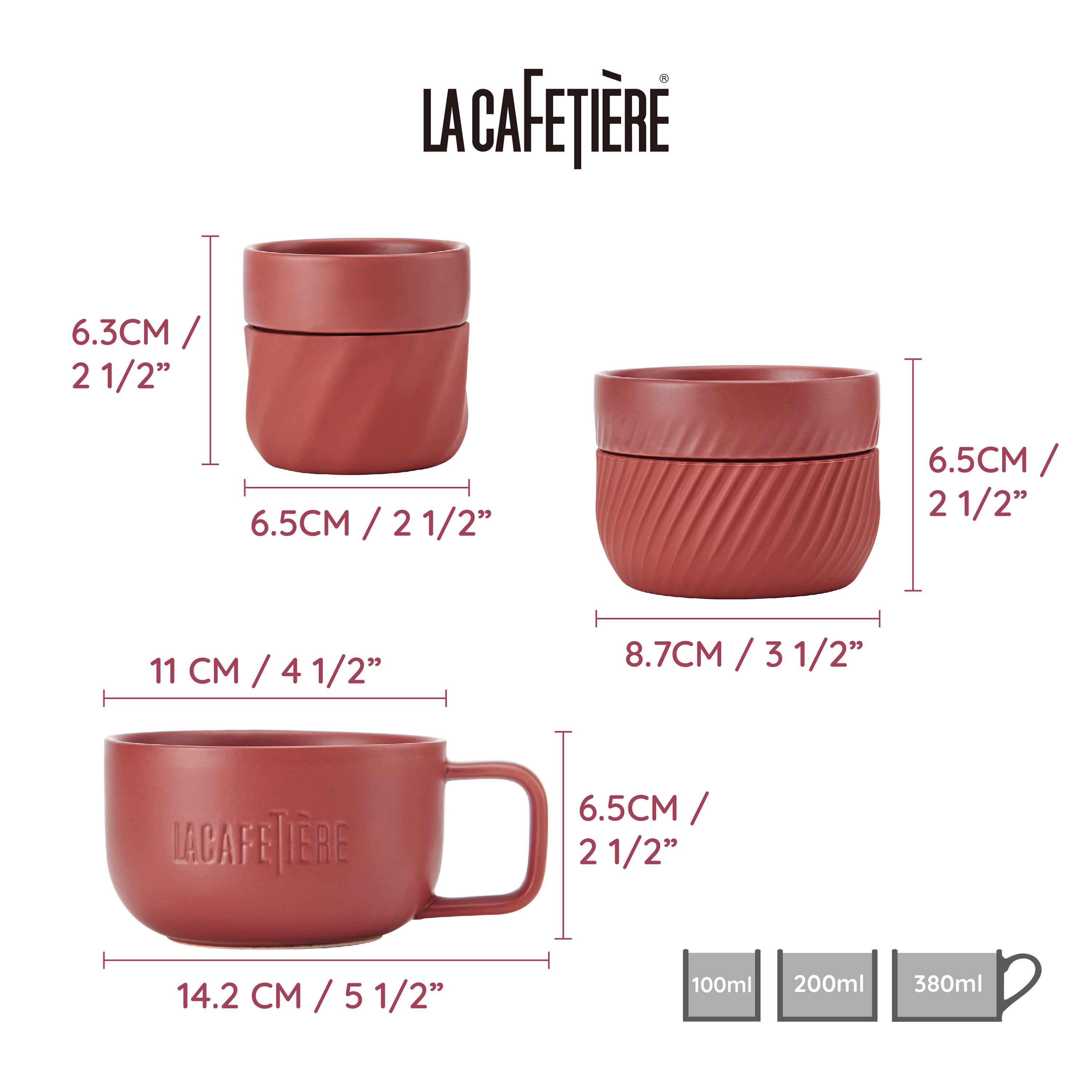 La Cafetiere 3pc Family Mug Set 380ml 200ml And 100ml Red - Picture 9 of 12