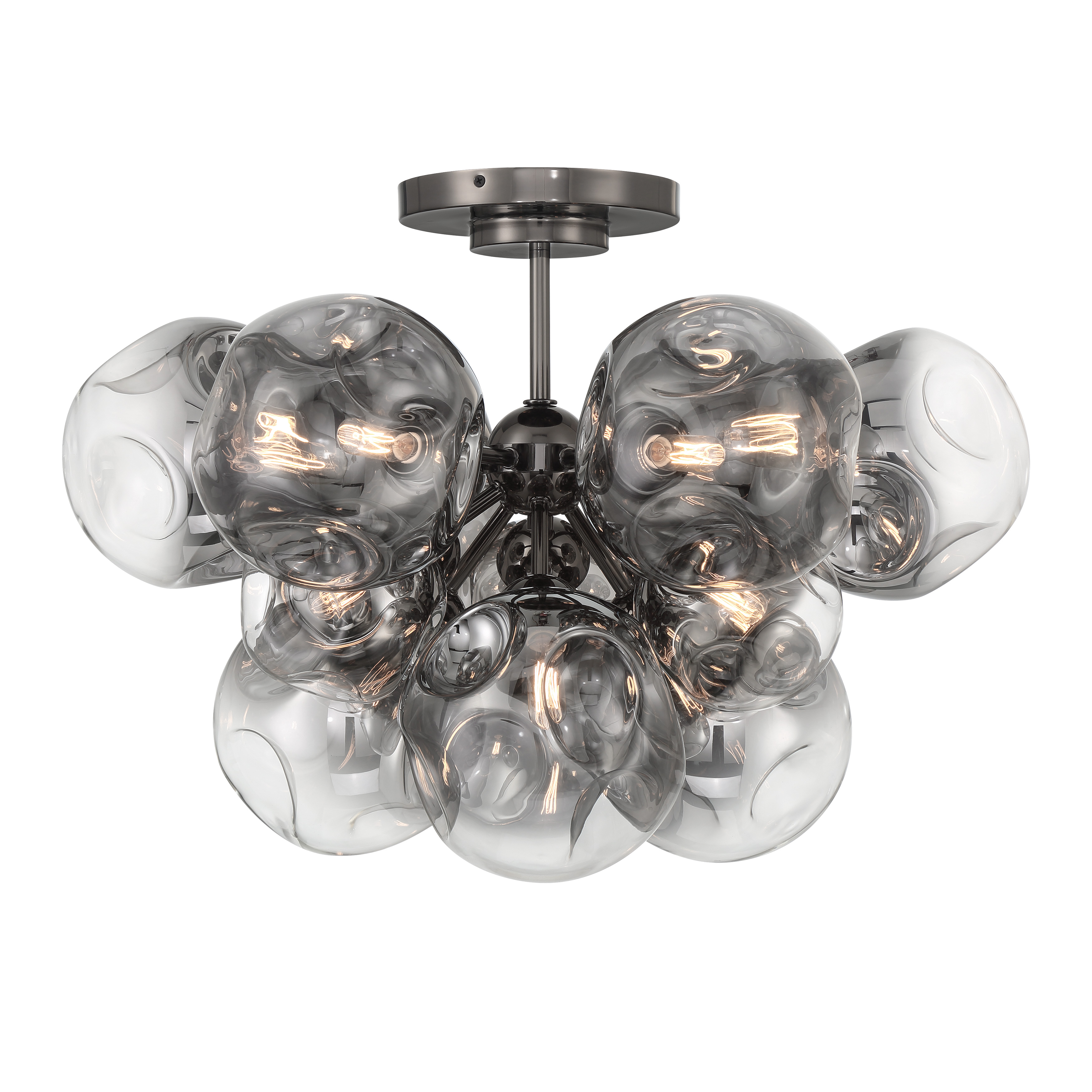 The Neveh semi-flush mount delivers dramatic illumination through 12 candelabra bulbs housed in smoke grey glass. Its gun metal finish and substantial 27.63-inch width make it ideal for spaces needing both ambient light and architectural presence. - alternate view