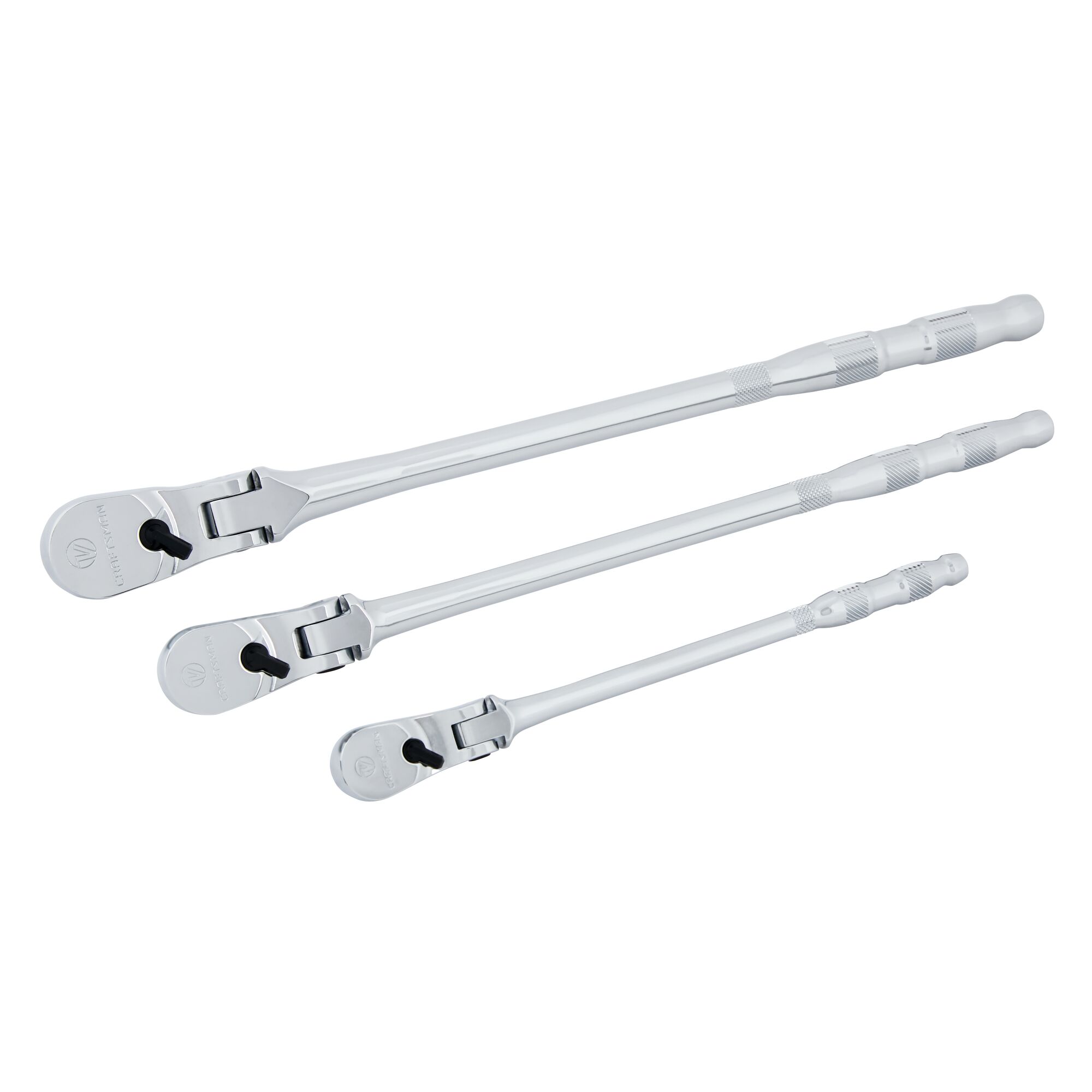 Profile of V series quarter inch three eighth inch and half inch drive long flex head ratchet. 3 pack