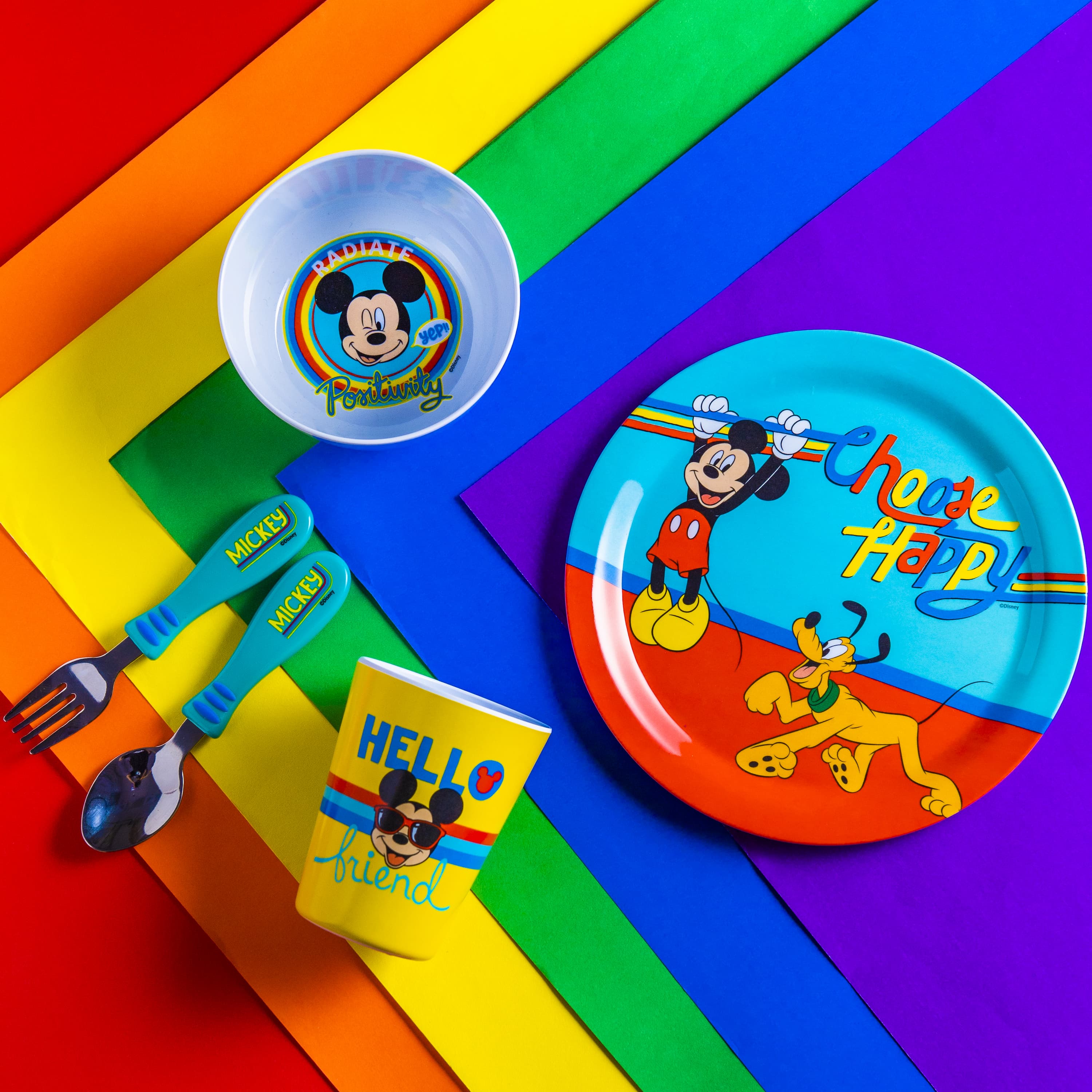 Disney Plate, Bowl, Tumbler and Flatware Set, Rainbow Mickey Mouse, 5-piece set slideshow image 10