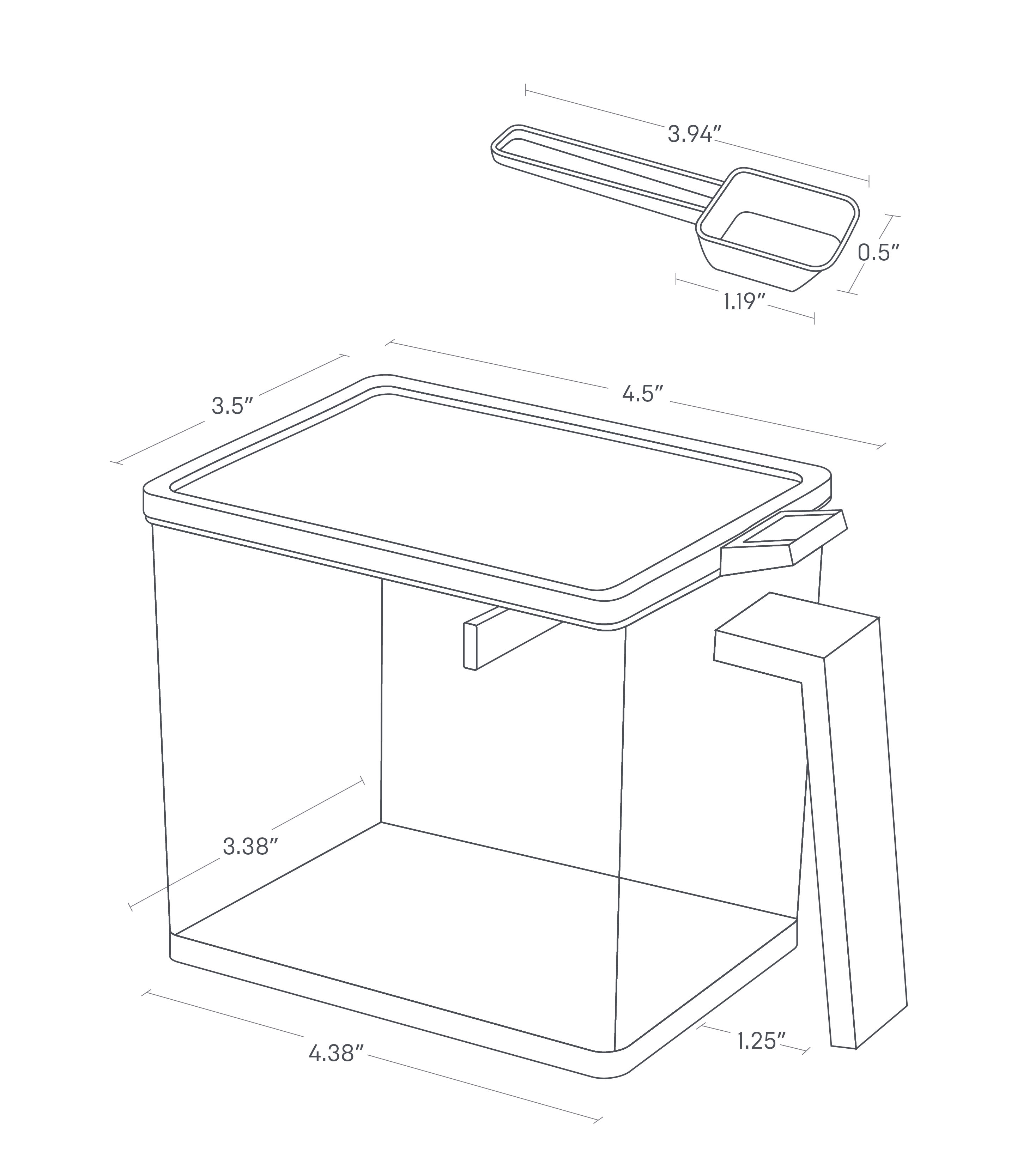 Dimension image for Spice Container showing length of 4.38 inches, width of 3.38 inches and height of 4.33 inches