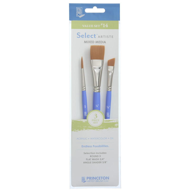 Select Artiste Brush Set No. 14, Synthetic Bristles, Short Handle Mixed Media Paintbrush, Jewel Blue, 3 Pieces