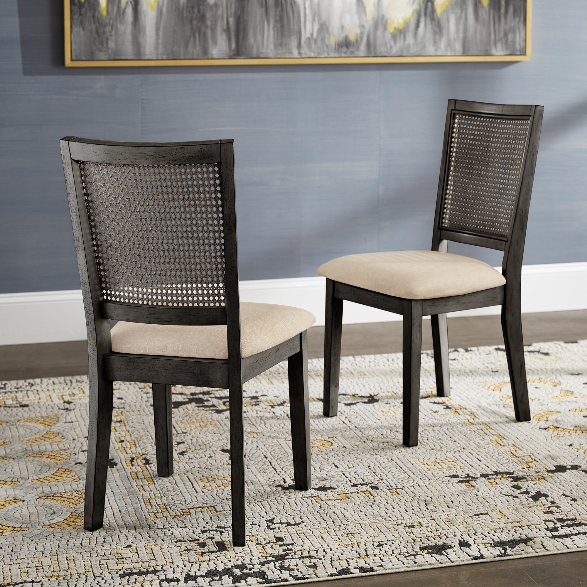 Beige Linen Rattan Back Dining Chairs (Set of 2)