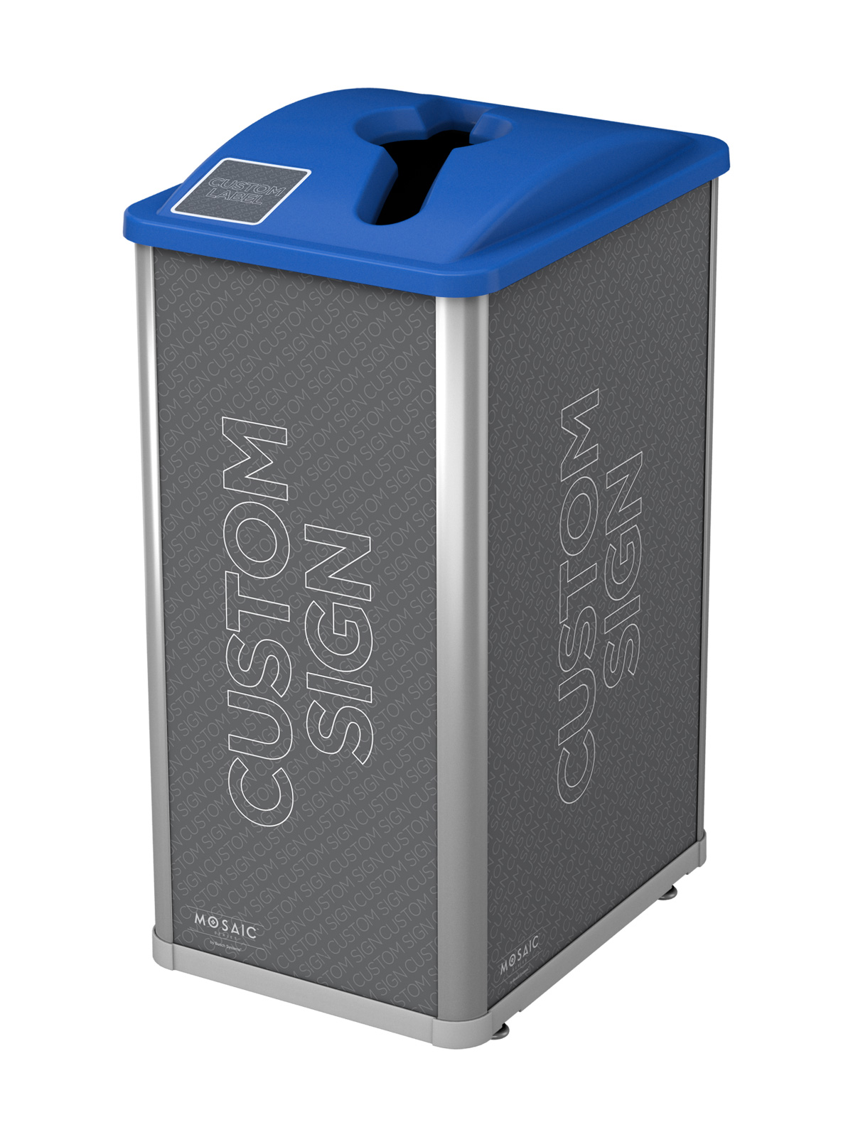 Mosaic Series single mixed recyclables container with blue mixed lid and custom signs and label