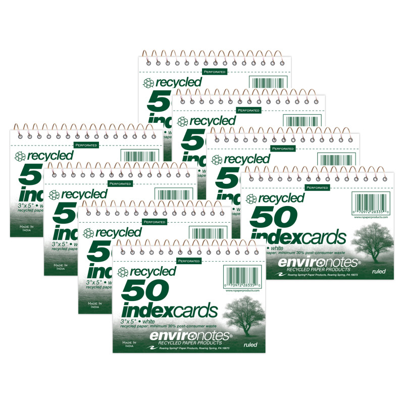 Wirebound Index Cards, 3" x 5", Ruled & Recycled, 50 Cards, Pack of 8