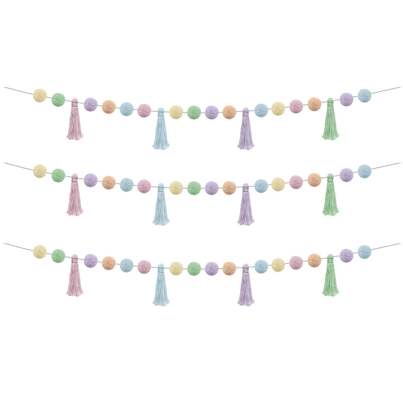 Pastel Pop Pom-Poms and Tassels Garland, 60", Pack of 3
