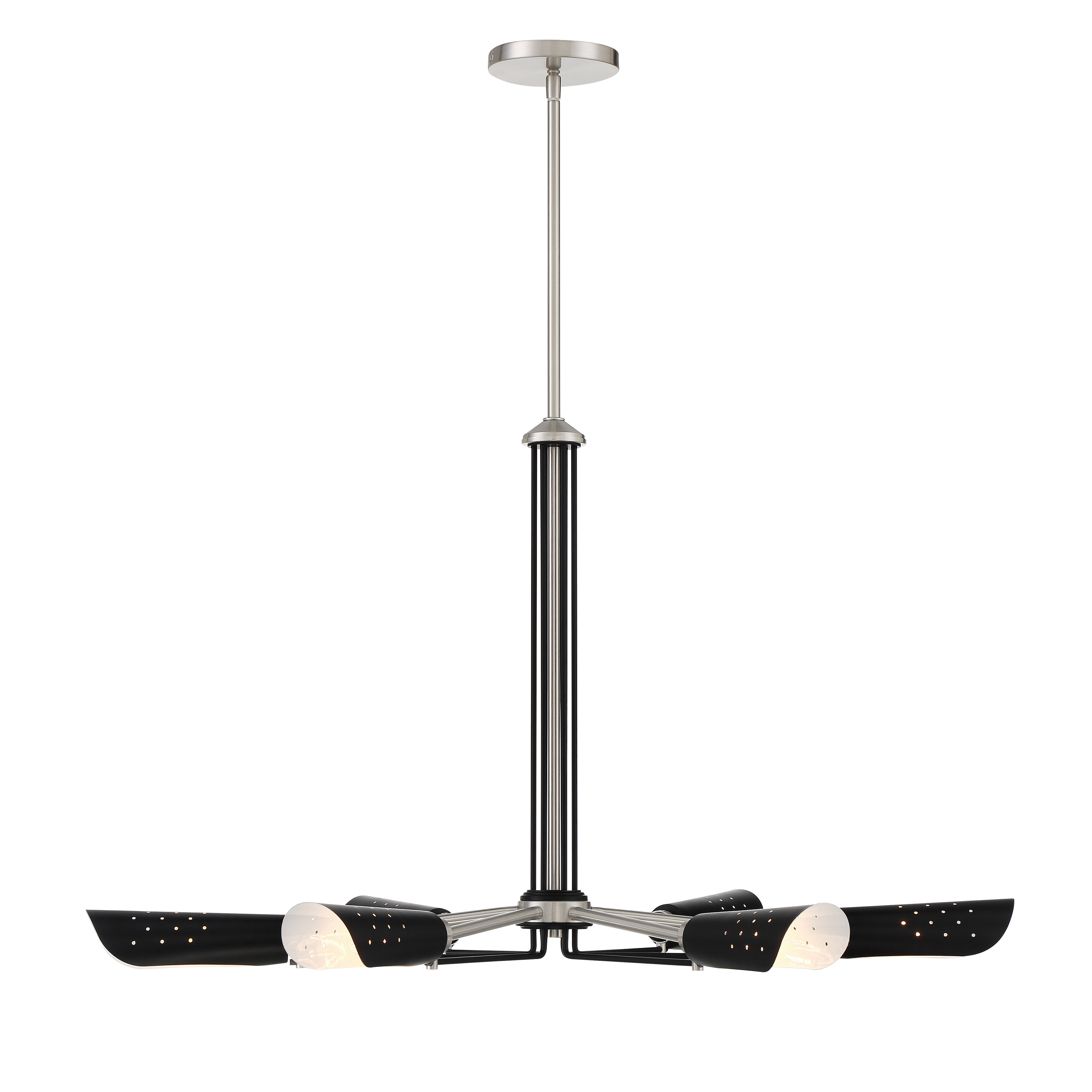The Turbine chandelier brings bold industrial style with its brushed nickel and coal finish combination. At 34 inches wide, this 6-light fixture makes a statement over dining tables and kitchen islands while maintaining modern sophistication. - alternate view