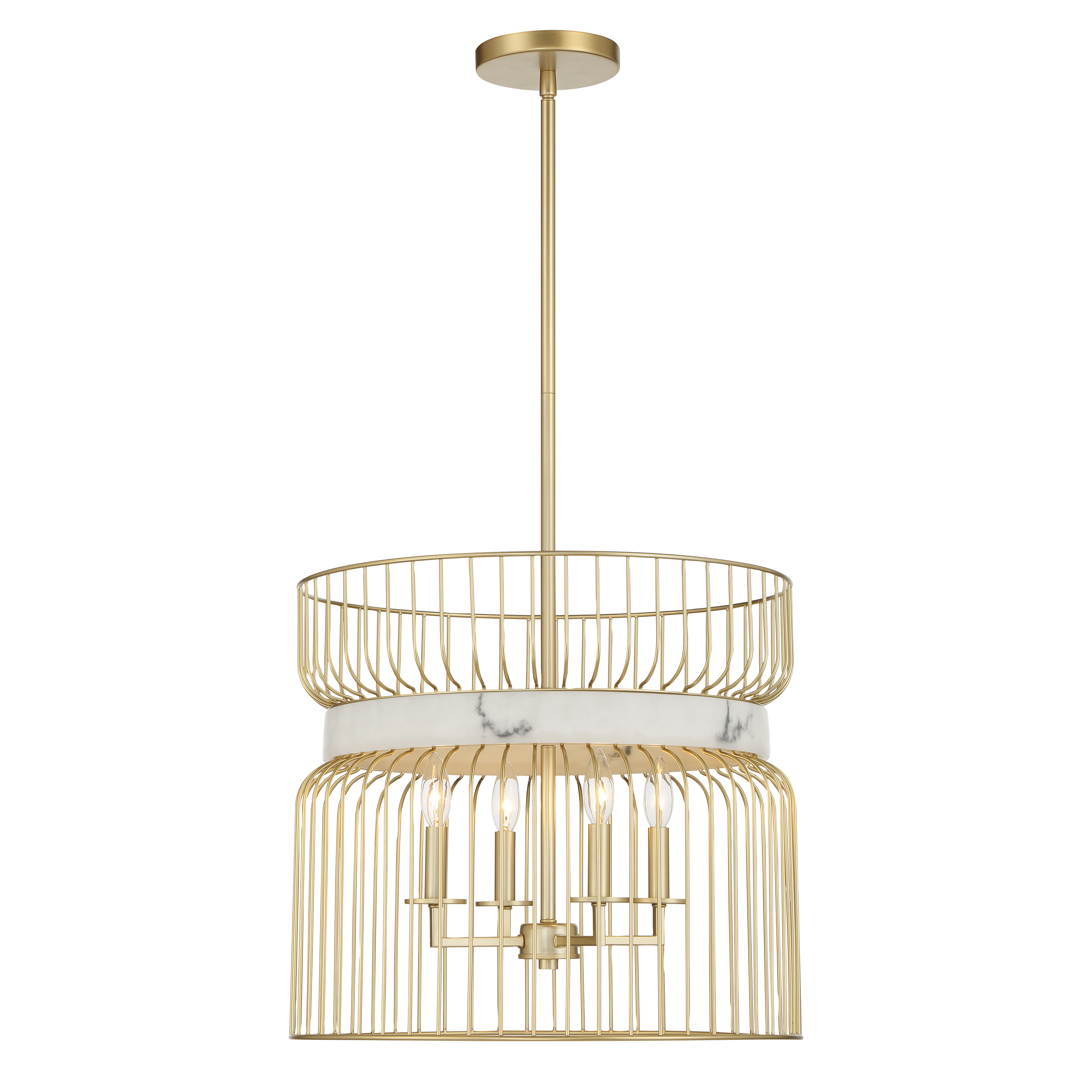 Robin Baron's Park Slope pendant combines luxurious Nouveau Gold finish with soft faux alabaster shades, creating sophisticated ambient lighting. The 4-light configuration provides ample illumination while the 20-inch width suits medium-sized spaces perfectly. - alternate view
