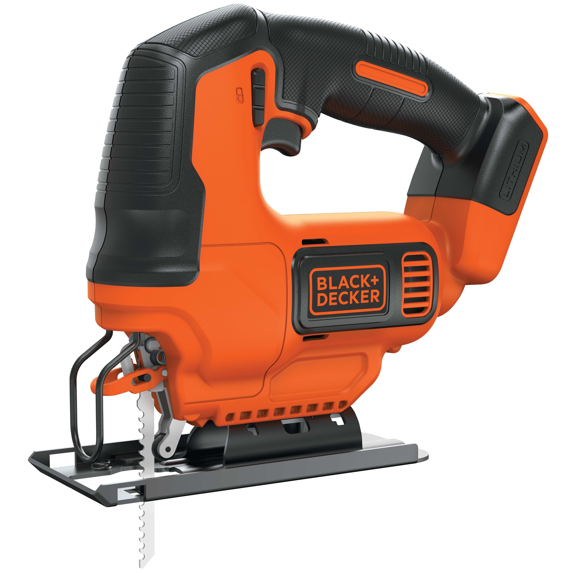 Profile of 20 volt cordless jigsaw, tool only.