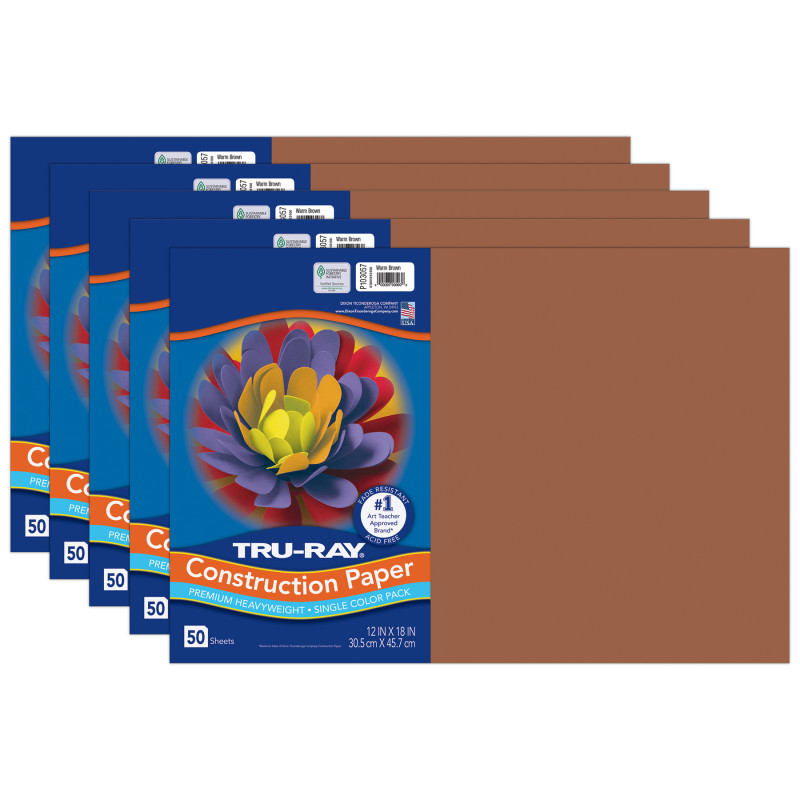 Construction Paper, Heavyweight, Warm Brown, 12" x 18", 50 Sheets Per Pack, 5 Packs