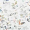 Watercolor leaf motifsâ€”delicate branches and loose, varied leavesâ€”are loosely painted and overlapping, with soft washes and muted pastels on a white background, resembling decorative wallpaper.