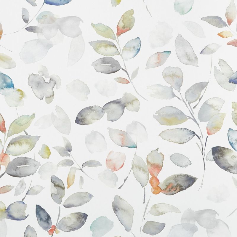 Watercolor leaf motifsâ€”delicate branches and loose, varied leavesâ€”are loosely painted and overlapping, with soft washes and muted pastels on a white background, resembling decorative wallpaper.