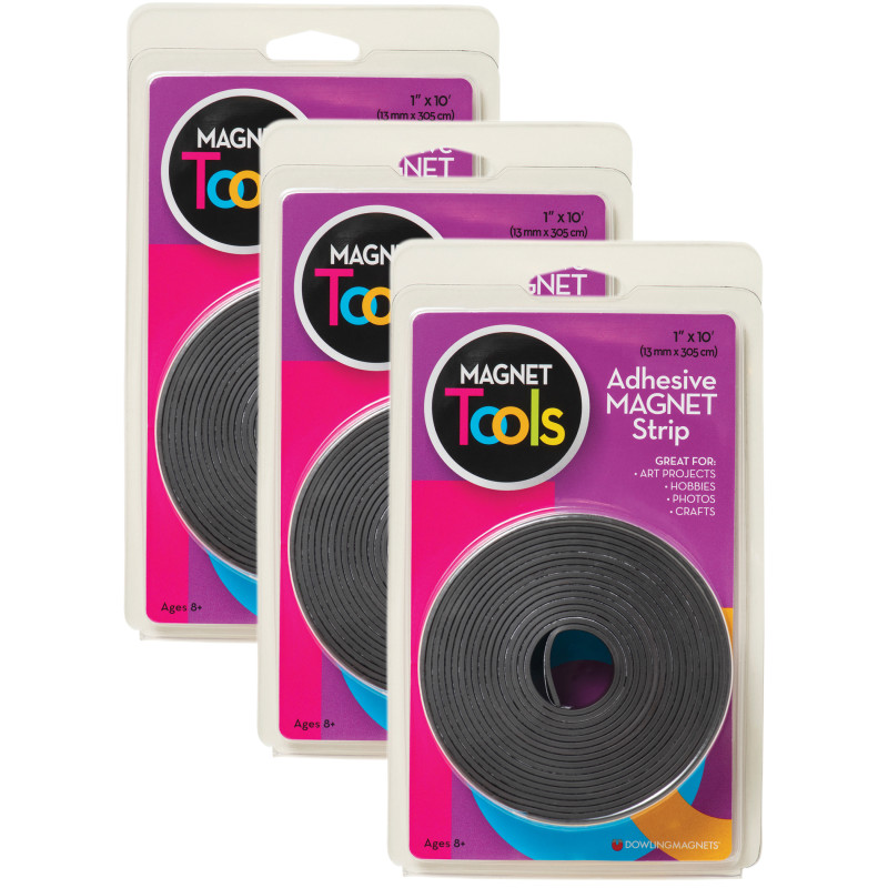 Adhesive Magnet Strip Rolls, 1 in x 10 ft, Pack of 3