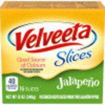 One 16 ct pack of Velveeta Jalapeno Cheese Slices with Jalapeno Peppers