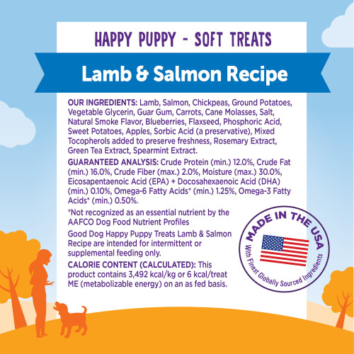 <p>Lamb, Salmon, Chickpeas, Ground Potatoes, Vegetable Glycerin, Guar Gum, Carrots, Cane Molasses, Salt, Natural Smoke Flavor, Blueberries, Flaxseed, Phosphoric Acid, Sweet Potatoes, Apples, Sorbic Acid (a preservative), Mixed Tocopherols added to preserve freshness, Rosemary Extract, Green Tea Extract, Spearmint Extract.</p>
