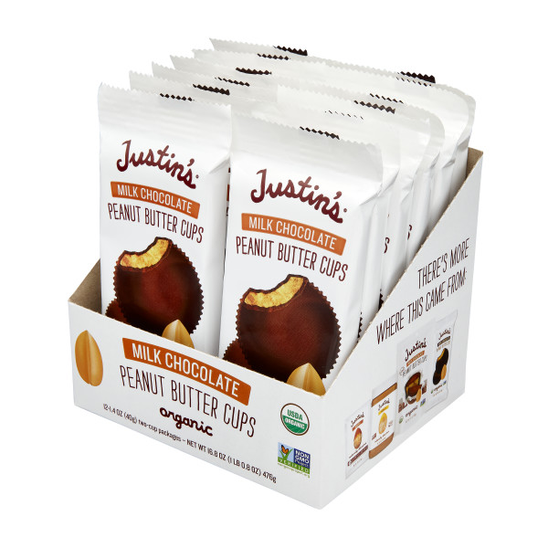 JUSTIN'S Milk Chocolate Peanut Butter Cup Stand Up Caddy . C1RP - Front Right Pallet/Display (Hi Res)