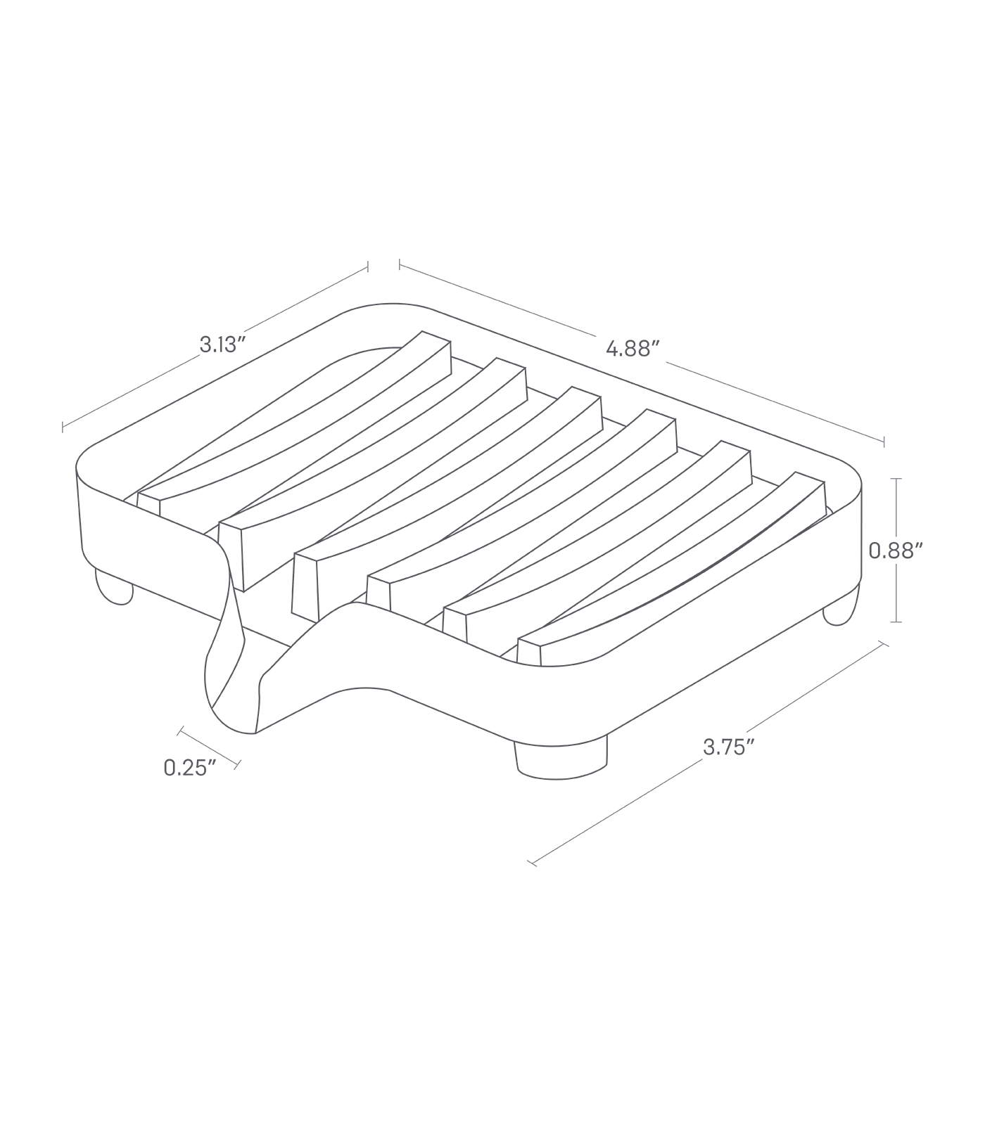 Image dimensionnelle pour porte-savon auto-drainant sur fond blanc montrant une longueur de 4,88", une largeur de 3,13", une largeur incluant le drain est de 3,75", une hauteur de 0,88", une largeur de drain de 0,25"