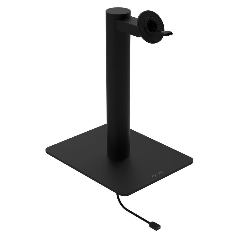 CONNECT MOUNT Pillar Single iPads on a Baseplate in black fifteen inches high with a CONNECT MOUNT head and Hirose H10 Connection.