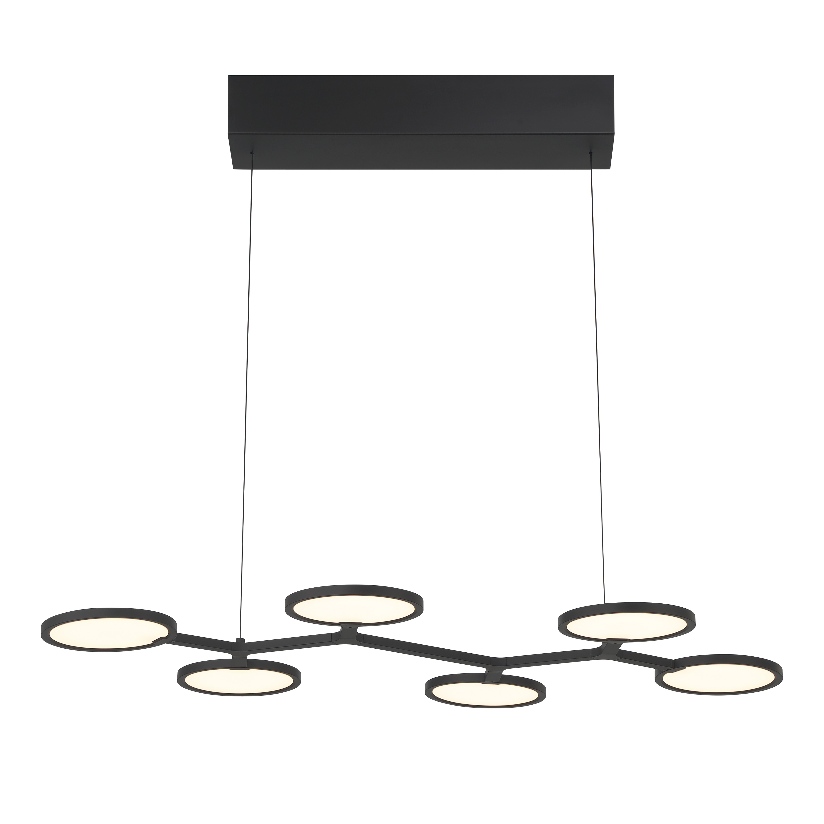 The Bandalore brings contemporary sophistication to kitchen islands with its 6-light linear design and unique rotating disk feature. High-output integrated LEDs deliver 7,431 lumens with excellent color rendering in a sleek Coal Black finish. - alternate view