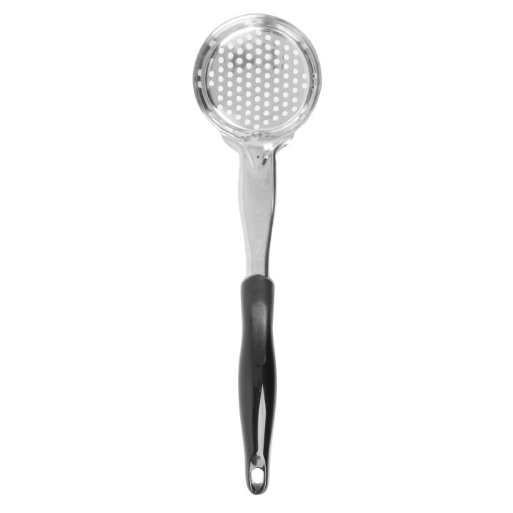 4-ounce one-piece heavy-duty stainless steel perforated round bowl Spoodle® utensil with black nylon handle