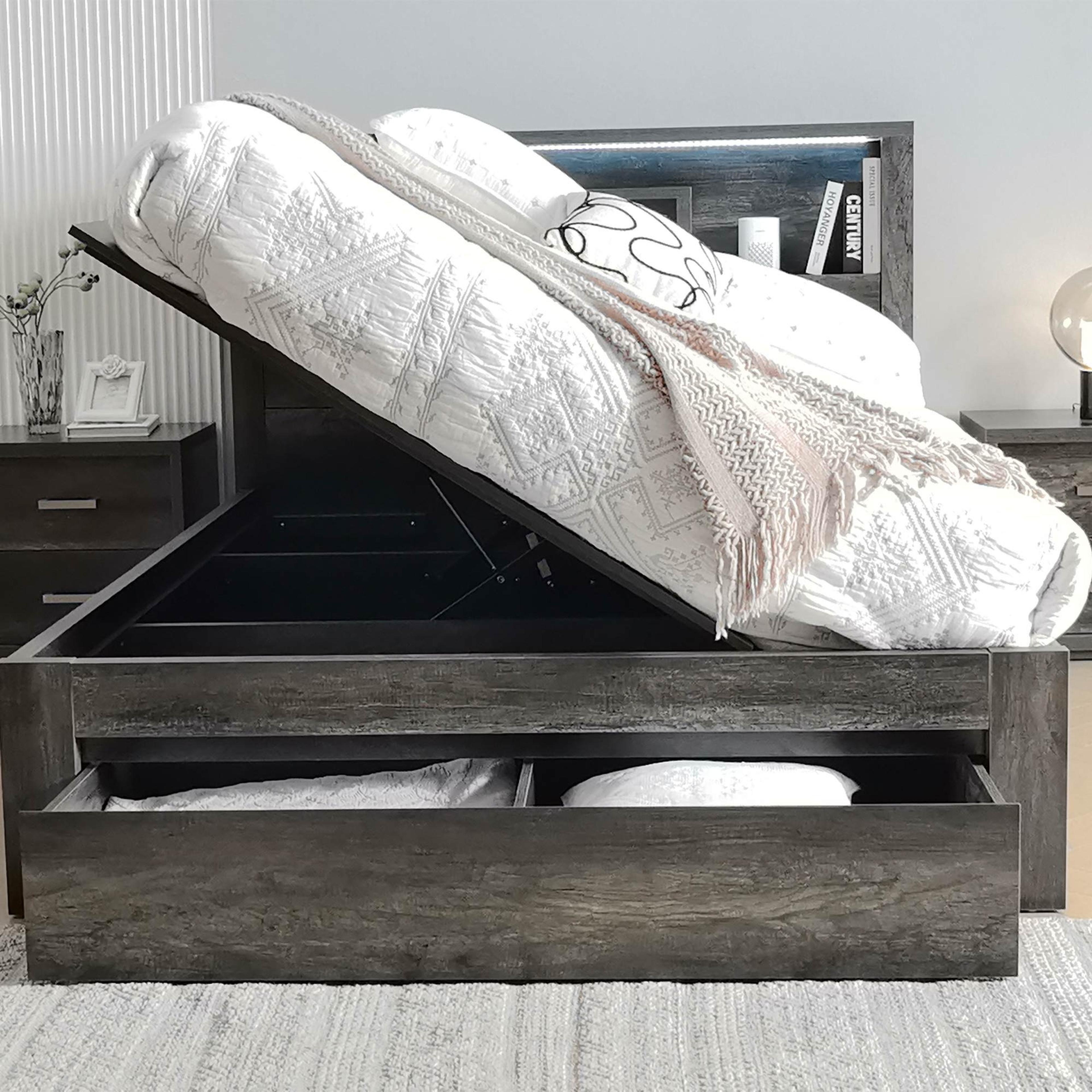 Lifestyle image of the  Bellevue Bed Frame, Side Gas Lift & End Drawer Base, Charcoal from Forty Winks