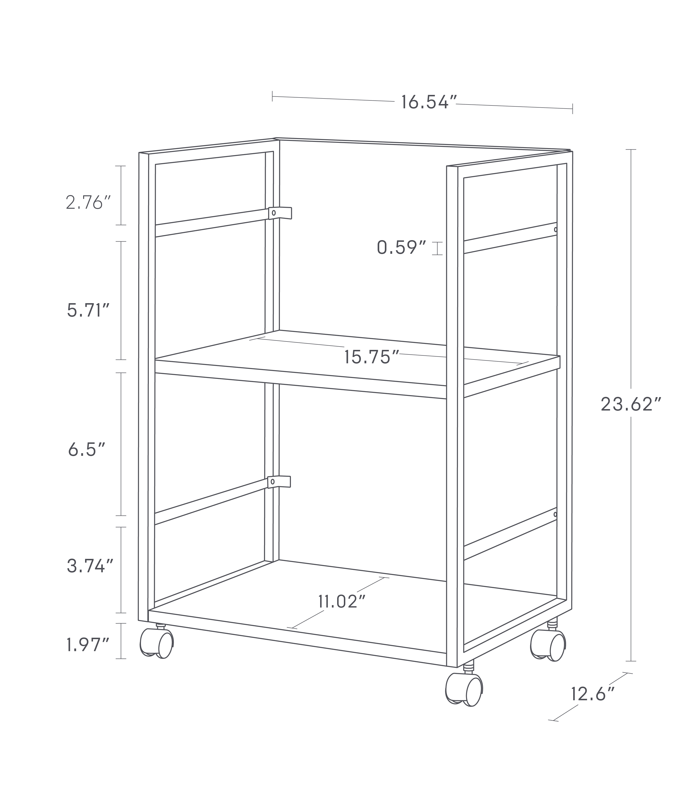 Dimension image for Two-Tier Hideaway Storage Cart showing cart dimensions: width 16.54", depth 15.75", height 23.62", shelf heights 5.71", 6.5", and wheel diameter 1.97