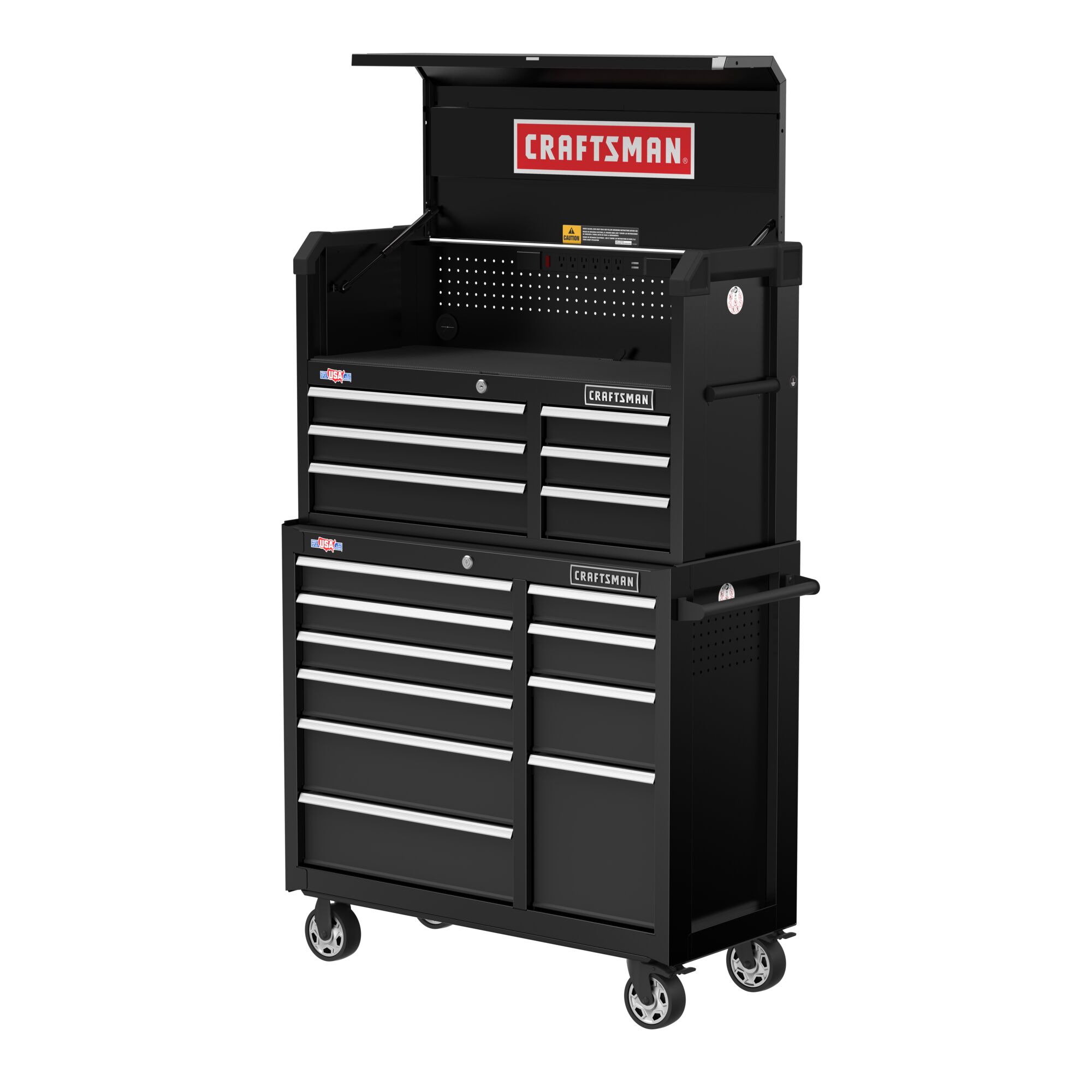 41 inch 6 drawer tool chest placed on top of 5 drawer rolling tool cabinet.