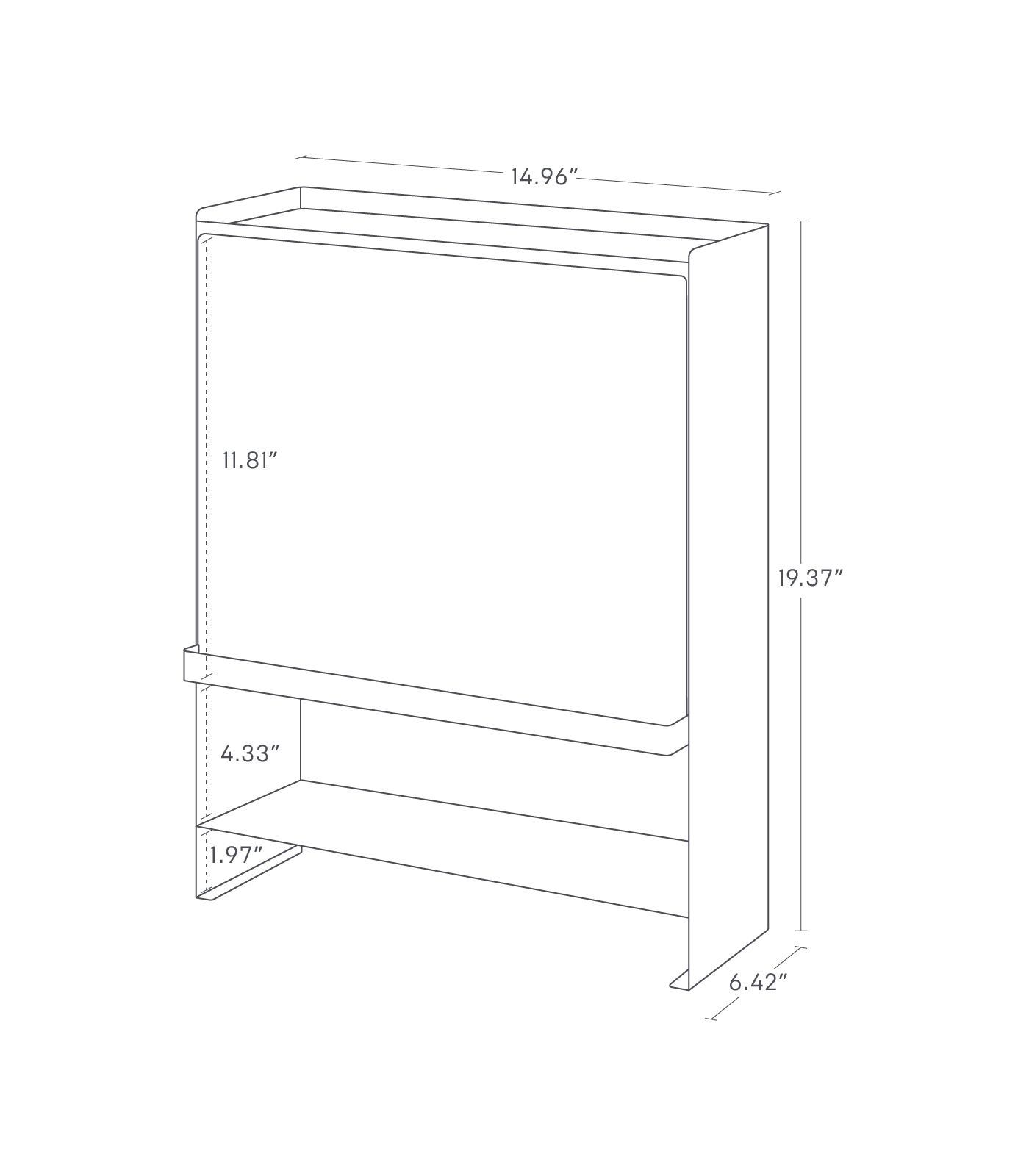The image shows a concealable spice rack with dimensions: height is 19.37", width is 14.96", and depth is 6.42". The interior shelf is 7" wide and 11.81" high. Bottom sections measure 4.33" and 1.97" in height.