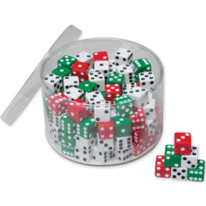 Drum of Dice, Assorted Red, Green & White, 0.625" x 0.625", 144 Pieces
