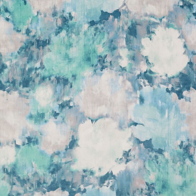 Cloudlike watercolor splotches blending and bleeding into vertical streaks across a textured canvas, in muted teal, aqua, blue, and white tones, creating a soft, abstract painterly background.