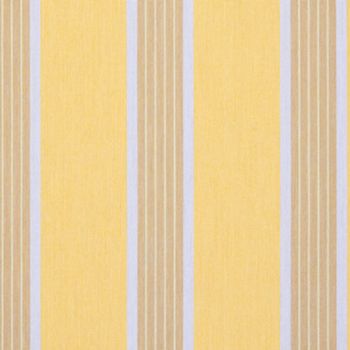 Vertical striped wallpaper: wide pale yellow panels alternating with narrower beige panels edged by thin pale blue and white pinstripes; close-up, evenly lit, filling the frame with no other features.