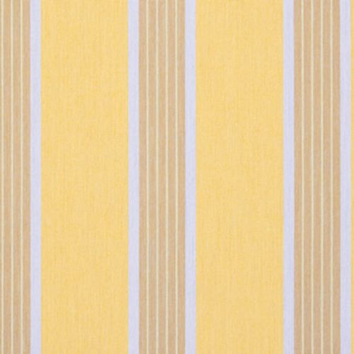 Vertical striped wallpaper: wide pale yellow panels alternating with narrower beige panels edged by thin pale blue and white pinstripes; close-up, evenly lit, filling the frame with no other features.