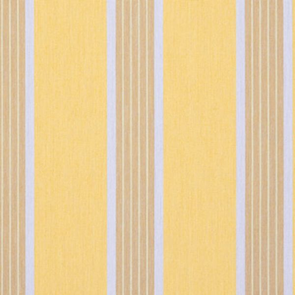 Vertical striped wallpaper: wide pale yellow panels alternating with narrower beige panels edged by thin pale blue and white pinstripes; close-up, evenly lit, filling the frame with no other features.