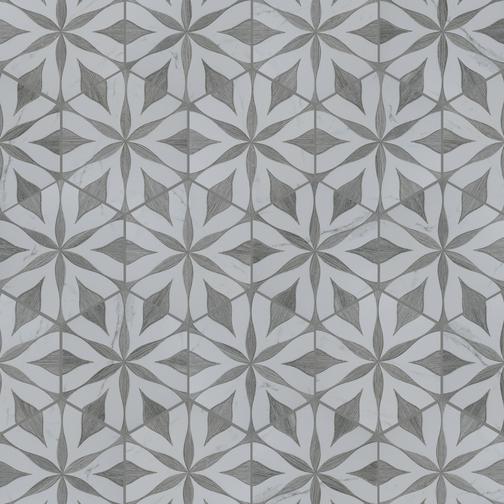 Llama Flower Loire Silver Smoke 8.63x9.88 Hexagon Porcelain Floor and Wall Digital Pattern