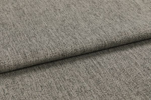 Gray textured upholstery fabric, folded once with a visible crease, lying flat; soft looped weave surface; close-up macro view with neutral diffuse lighting and no background context.