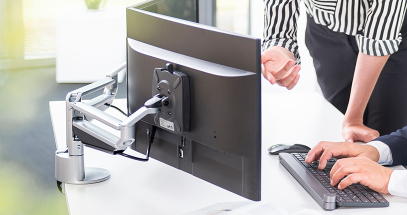 The unique, flexible arm design allows monitors to be displayed against a wall or in tight spaces.