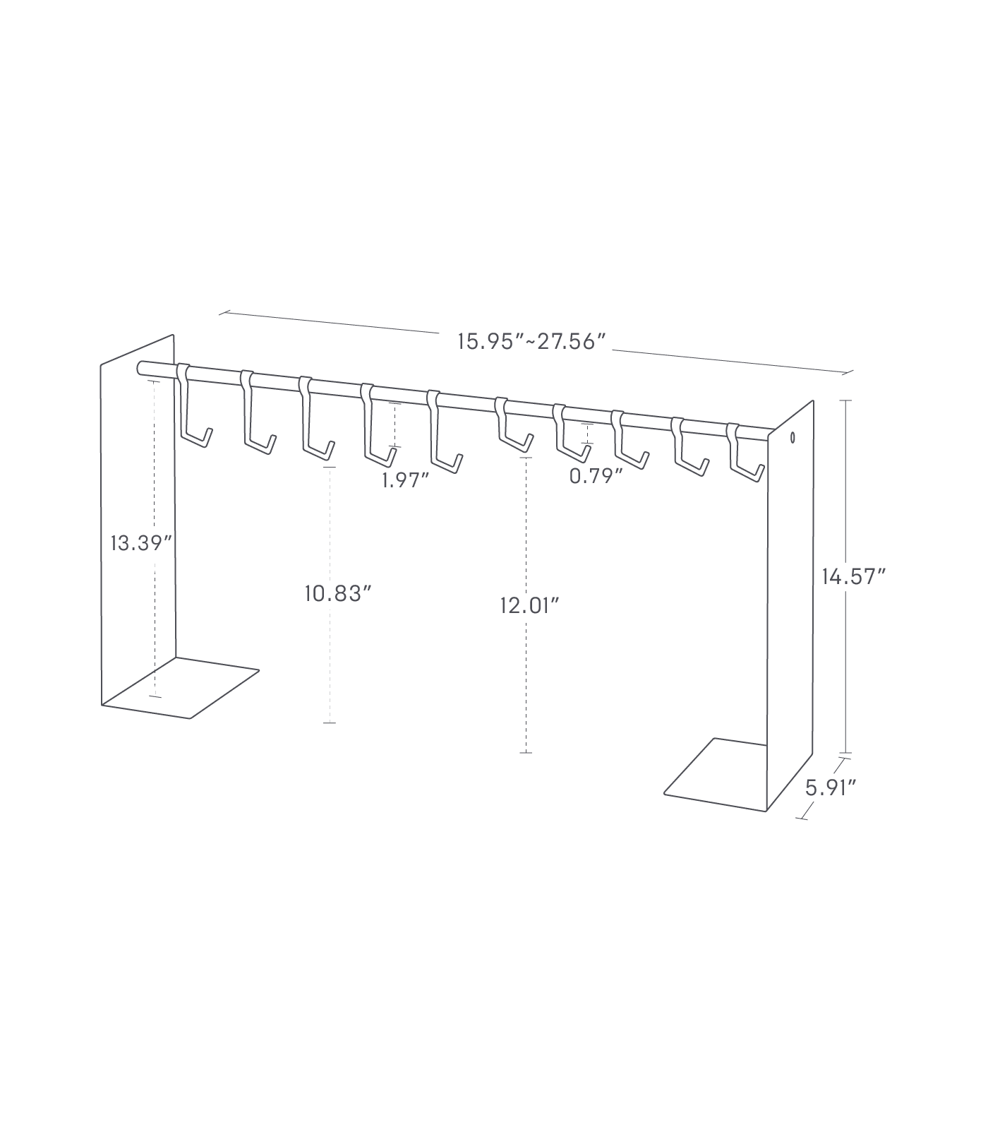 Dimension Image for Hat Hanging Organizer on a white background showing total height of 14.57", internal height of 13.39", width expandable from 15.95" to 27.56", distance from bottom of long hook to floor of 10.83", distance from bottom of short hook to floor of 12.01", distance between bar and long hook of 1.97", and distance between bar to short hook of .79".