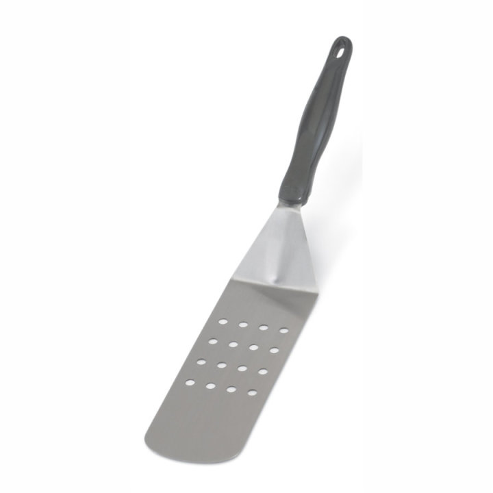 Heavy-duty stainless steel perforated hamburger turner with nylon Ergo Grip™ handle in black