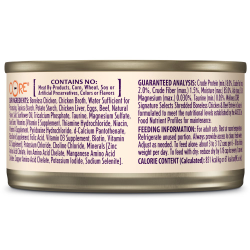 Wellness CORE Signature Selects Shredded Chicken & Beef Entree in Sauce back packaging