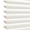 Sheer-and-opaque horizontal zebra blinds, lowered and aligned, alternating beige opaque and white translucent bands; filtering soft daylight in a bright, minimal close-up interior view.