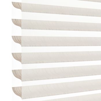 Sheer-and-opaque horizontal zebra blinds, lowered and aligned, alternating beige opaque and white translucent bands; filtering soft daylight in a bright, minimal close-up interior view.