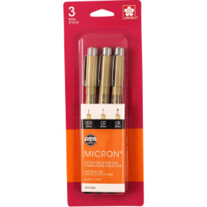 Pigma Micron Pens, Black, Assorted Sizes, 3-Piece Set, Blister Card