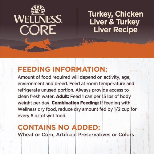 <p>Amount of food required will depend on activity, age, environment and breed. Feed at room temperature and refrigerate unused portion. Always provide access to clean fresh water. 									</p>
<p>Adult: Feed ¾ can per 15 lbs of body weight per day<br />
Combination Feeding: If feeding with Wellness dry food, reduce dry amount fed by 1/2 cup for every 6 oz of wet food.</p>
