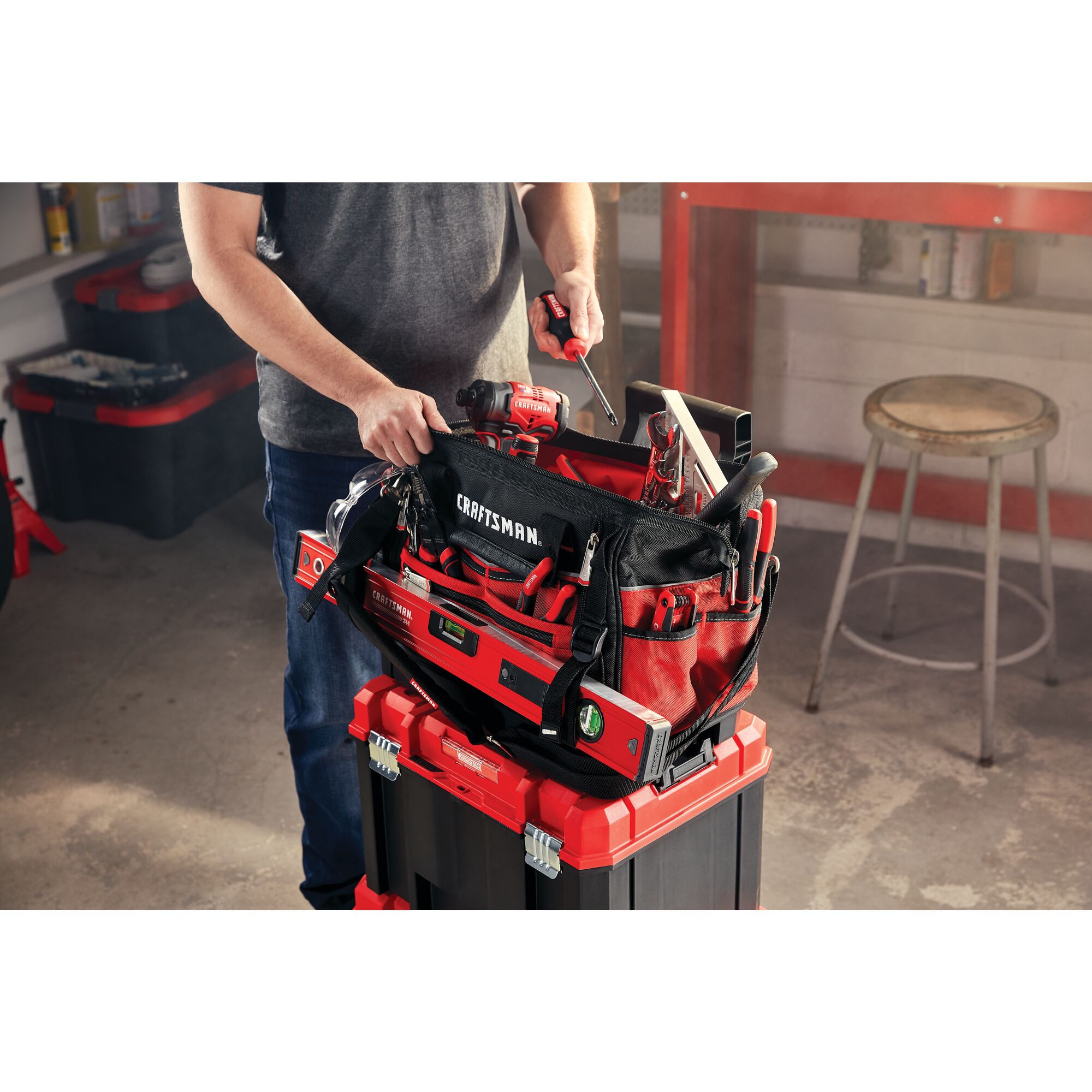 Versastack 17 inch tool bag being used to store items.